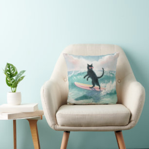 Whimsical Black Cat Surfing Beach Pillow
