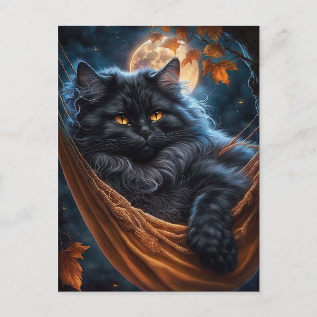 Whimsical Black Cat under the Halloween Moon Postcard (Front)