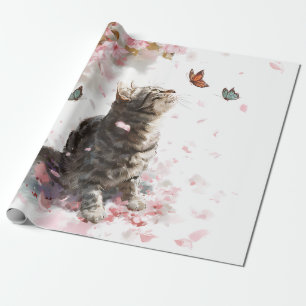 Whimsical Black Cat Watching a Colourful Butterfly Wrapping Paper