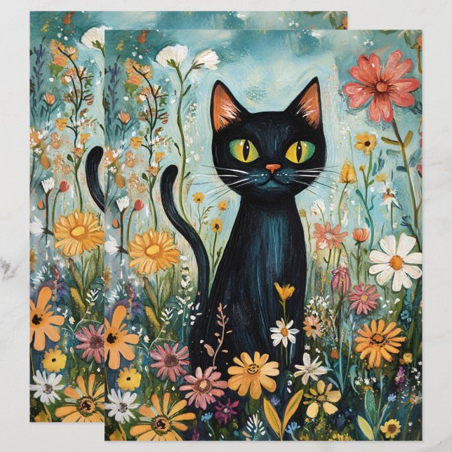Whimsical Black Cat with Flowers Scrapbook Paper (Front/Back)