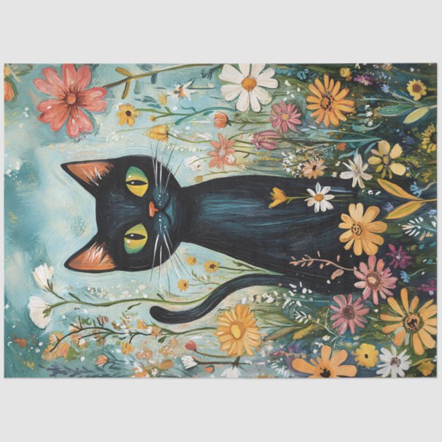 Whimsical Black Cat with Wildflowers Decoupage Tissue Paper (Front)