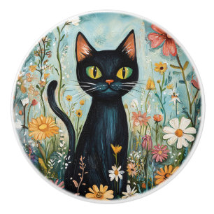Whimsical Black Cat with Wildflowers Illustration Ceramic Knob