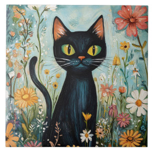 Whimsical Black Cat with Wildflowers Illustration Ceramic Tile