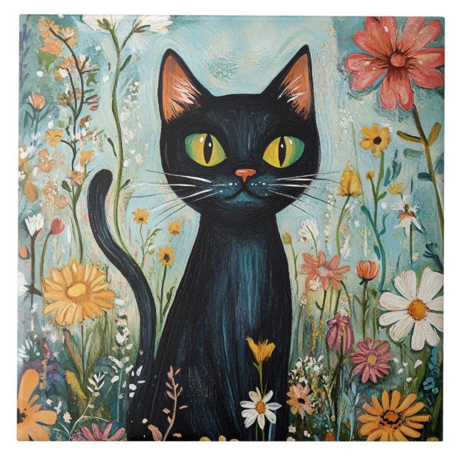 Whimsical Black Cat with Wildflowers Illustration Ceramic Tile (Front)