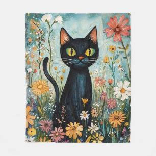 Whimsical Black Cat with Wildflowers Illustration Fleece Blanket