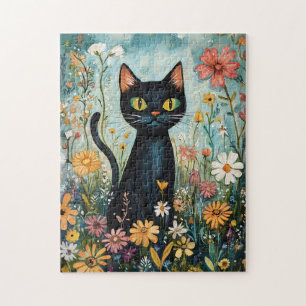 Whimsical Black Cat with Wildflowers Illustration Jigsaw Puzzle