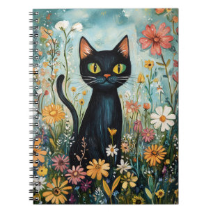 Whimsical Black Cat with Wildflowers Illustration Notebook