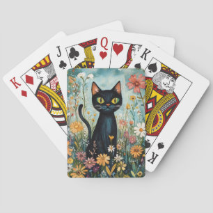 Whimsical Black Cat with Wildflowers Illustration Playing Cards