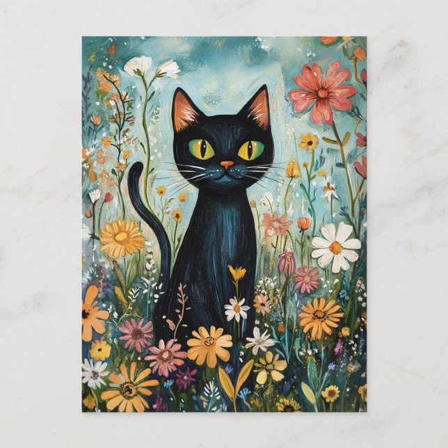 Whimsical Black Cat with Wildflowers Illustration Postcard (Front)