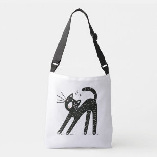 Whimsical Black Cat Yawning and Stretching Crossbody Bag
