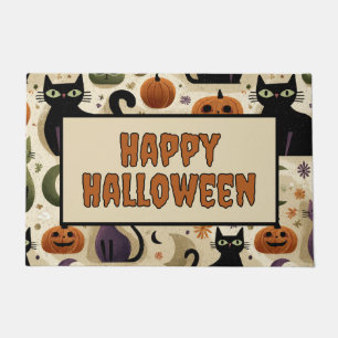 Whimsical Black Cats and Halloween Pumpkins Doormat
