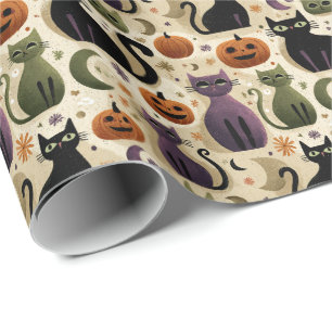 Whimsical Black Cats and Halloween Pumpkins Wrapping Paper