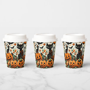 Whimsical Black Cats, Pumpkins and Bats Paper Cups