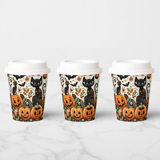 Whimsical Black Cats, Pumpkins and Bats Paper Cups (Multi)