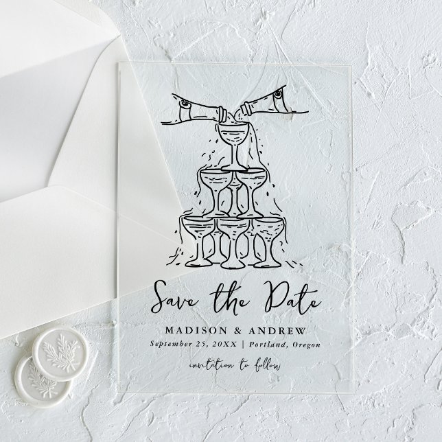 Whimsical Black Champagne Tower Save the Date Acrylic Invitations (Creator Uploaded)