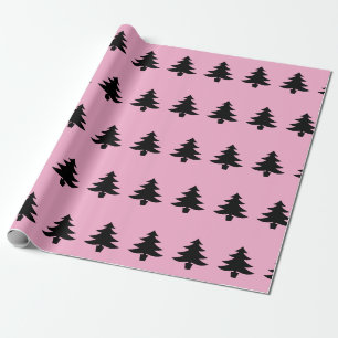 Whimsical Black Christmas Trees on Light Pink Wrapping Paper
