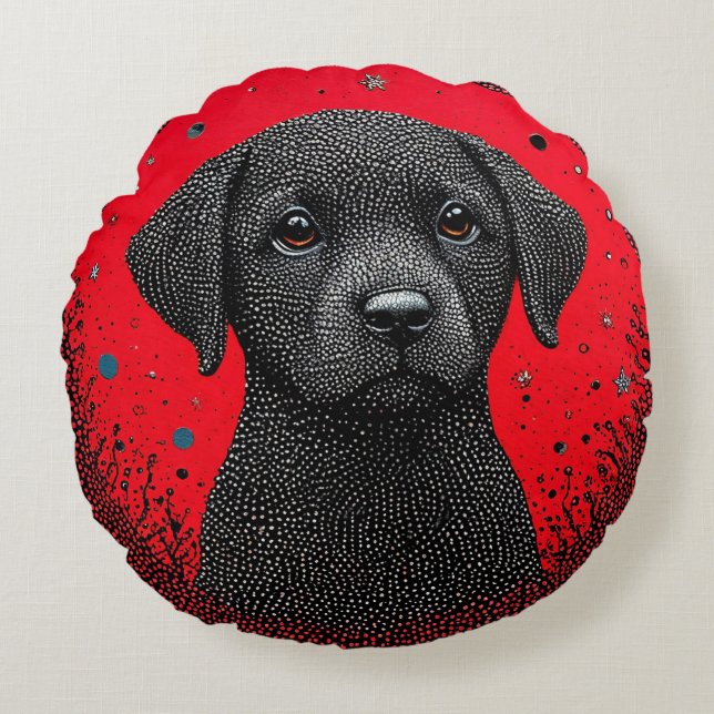 Whimsical Black Dog Round Cushion (Front)