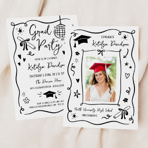 Whimsical Black Doodle Photo Grad Party Invitation