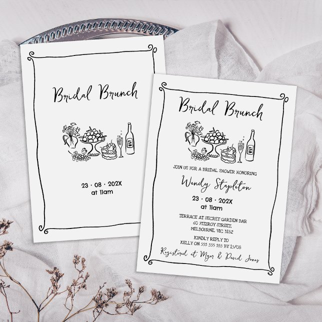 Whimsical Black Drawn Bridal Brunch Bridal Shower Invitation (Whimsical Black Hand Drawn Bridal brunch Bridal Shower Invitation, Quirky Trendy Bridal Shower )