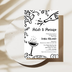 Whimsical Black Drawn Petal Prosecco Bridal Shower Invitation