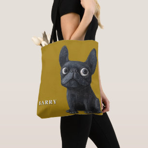 Whimsical Black Frenchie Mustard Yellow Dog Tote