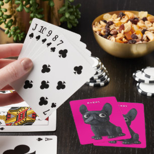 Whimsical Black Frenchie neon pink Dog Playing Cards