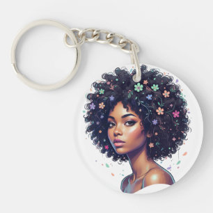 Whimsical Black Girl W/ Flower Adorned Afro Key Ring