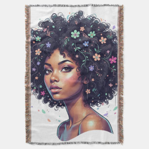 Whimsical Black Girl W/ Flower Adorned Afro Throw Blanket