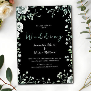 Whimsical Black Greenery and Gold Wedding Invitation
