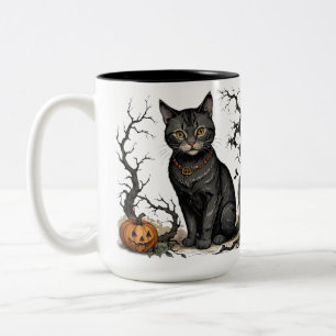 Whimsical Black Halloween Cat With Jack-O-Lantern, Two-Tone Coffee Mug