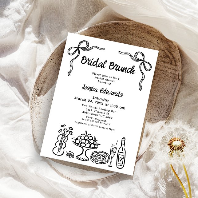 Whimsical Black Hand Drawn Bridal Brunch Shower Invitation (Whimsical Black Hand Drawn Bridal Brunch Bridal Shower Invitation, Bows Scribble Doodle Drawn)