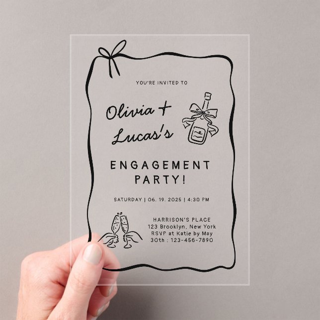 Whimsical Black Hand-Drawn Engagement Party Acrylic Invitations (Insitu (Handheld))