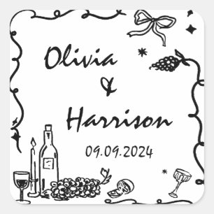 Whimsical Black Hand Drawn Wedding Square Sticker