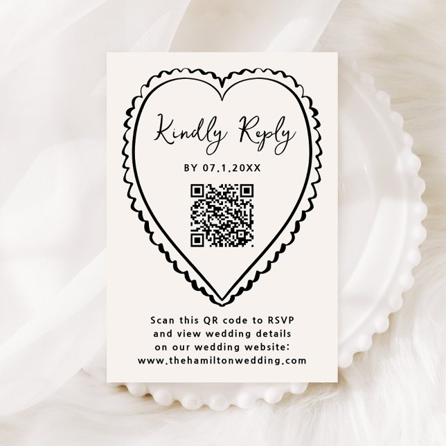 Whimsical Black Heart QR Code Wedding RSVP Card (Creator Uploaded)