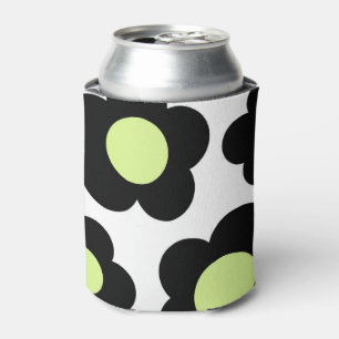 Whimsical Black & Lime Green Floral Retro Cheerful Can Cooler