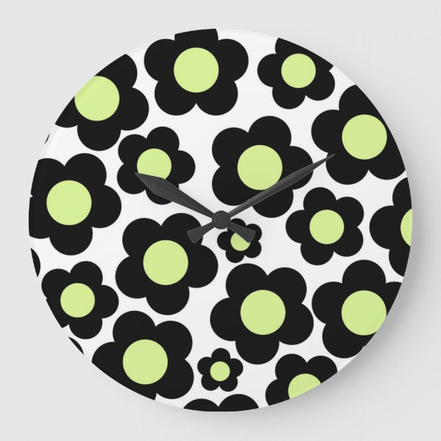 Whimsical Black & Lime Green Floral Retro Cheerful Large Clock (Front)