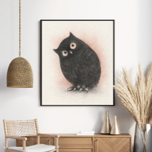 Whimsical Black Owl Curious Charcoal Poster