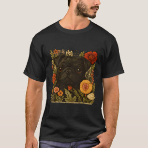 Whimsical Black Pug Surrounded by Wildflowers T-Shirt
