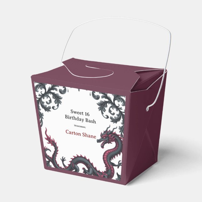 Whimsical Black Red Dragon Damask Sweet 16 Bash Favour Box (Front Side)