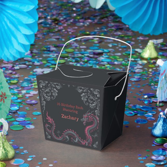 Whimsical Black Red Dragon Damask Sweet 16 Bash Favour Box (Party)