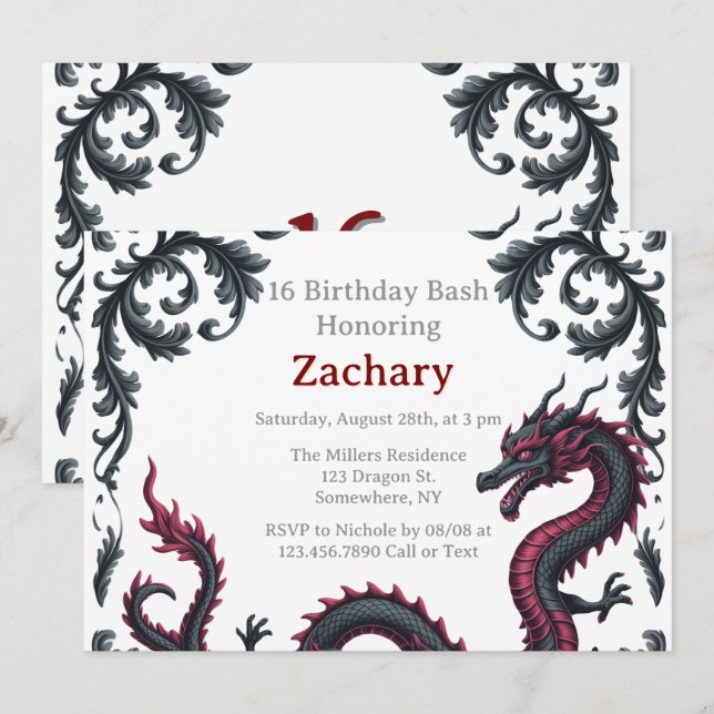 Whimsical Black Red Dragon Damask Sweet 16 Bash Invitation (Front/Back)