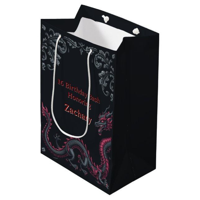 Whimsical Black Red Dragon Damask Sweet 16 Bash Medium Gift Bag (Front Angled)