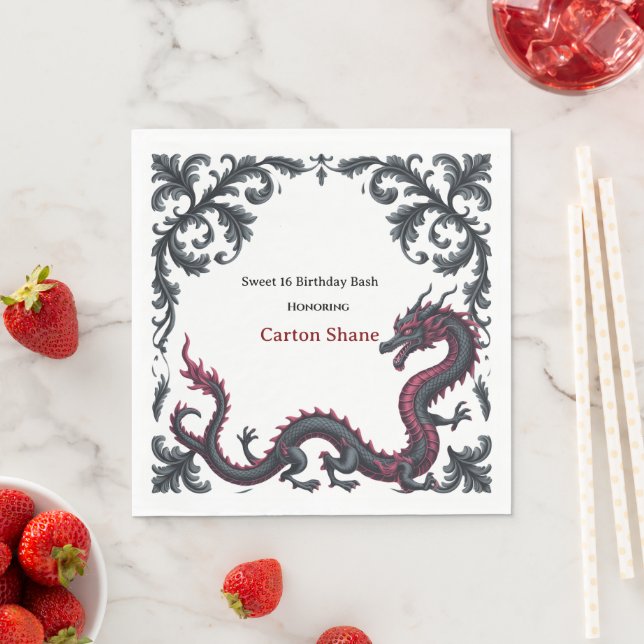 Whimsical Black Red Dragon Damask Sweet 16 Bash Napkin (Insitu)