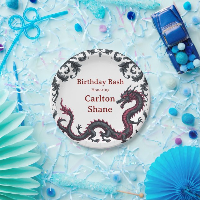 Whimsical Black Red Dragon Damask Sweet 16 Bash Paper Plate (Party)