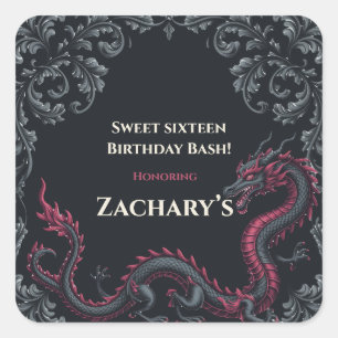 Whimsical Black Red Dragon Damask Sweet 16 Bash Square Sticker