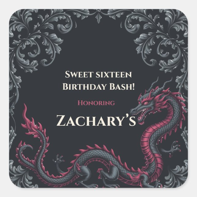 Whimsical Black Red Dragon Damask Sweet 16 Bash Square Sticker (Front)