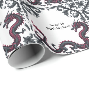 Whimsical Black Red Dragon Damask Sweet 16 Bash Wrapping Paper