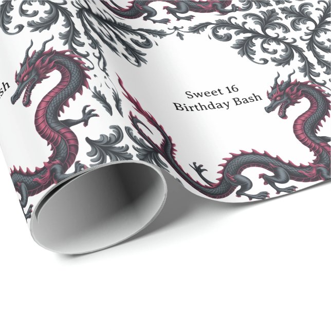 Whimsical Black Red Dragon Damask Sweet 16 Bash Wrapping Paper (Roll Corner)