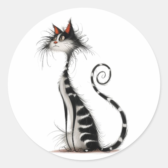 Whimsical Black Striped Cat Illustration Classic Round Sticker (Front)