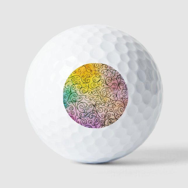 Whimsical black Swirl Pattern Abstract Colourful Golf Balls (Front)